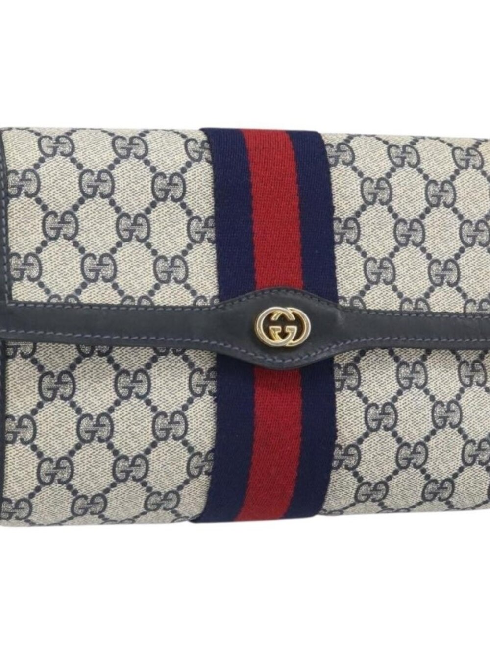 GUCCI GG Supreme Sherry Line Clutch Bag PVC Navy Gold 37 039 3087 Auth BA10493V